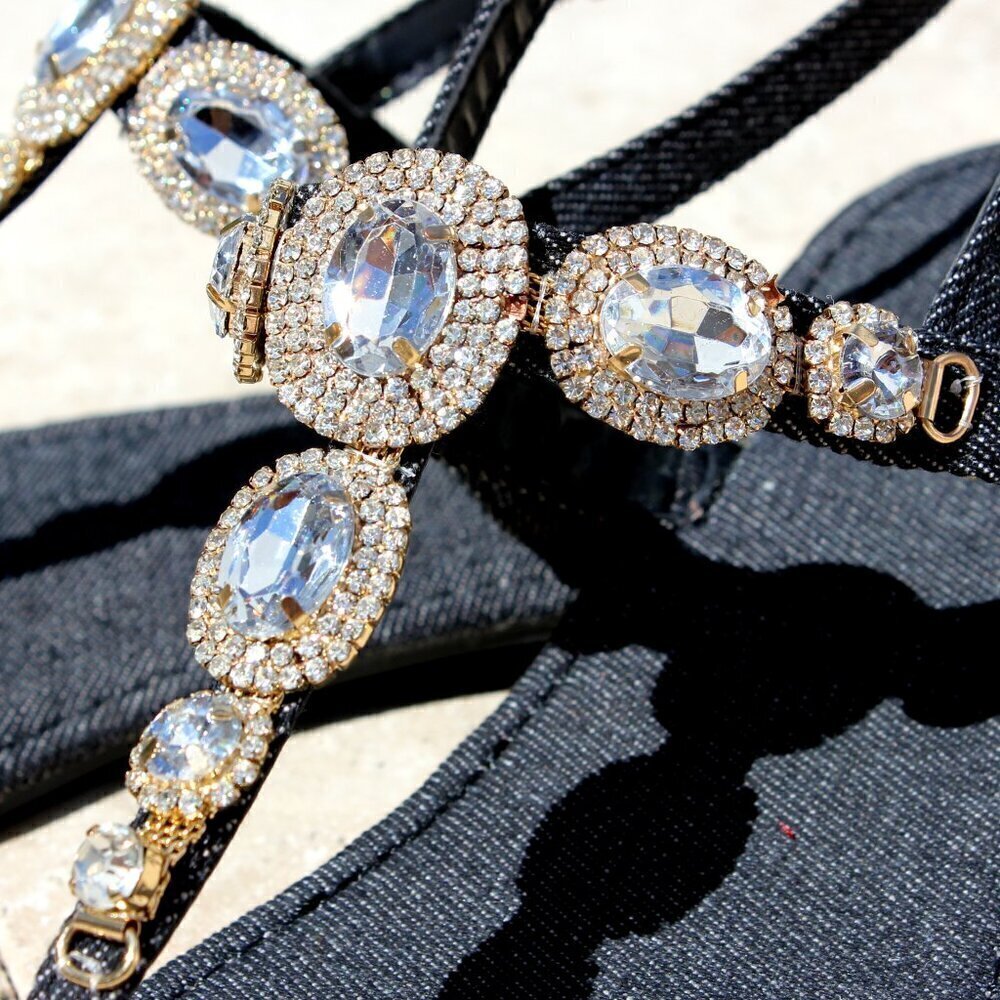 Jeweled Dark Black Denim Dressy Strap Bling Gold Accent Sandals Size 7/7.5/8/8.5 - Picture 3 of 12